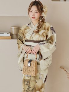 画像8: 【即日発送！】ブラウンベージュクラシックフラワー浴衣 【浴衣3点セット 浴衣/帯/下駄】 [YMT] (8)