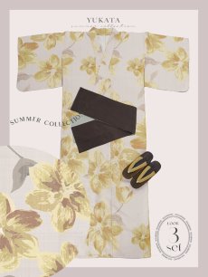 画像27: 【即日発送！】グレージュ×イエローフラワー浴衣 【浴衣3点セット 浴衣/帯/下駄】 [YMT] (27)