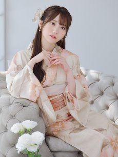 画像2: 【即日発送】ピンクベージュ牡丹浴衣 【浴衣3点セット 浴衣/帯/下駄】 [YMT] (2)