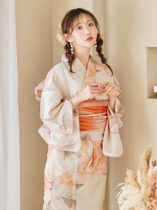 画像2: 【即日発送！】ピンクベージュ牡丹浴衣 【浴衣3点セット 浴衣/帯/下駄】 [YMT] (2)