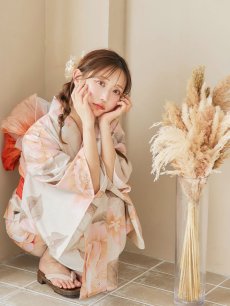 画像8: 【即日発送！】ピンクベージュ牡丹浴衣 【浴衣3点セット 浴衣/帯/下駄】 [YMT] (8)