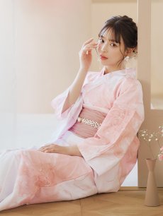 画像1: 【即日発送】ニュアンスピンクフラワー浴衣 【浴衣3点セット 浴衣/帯/下駄】 [YMT] (1)