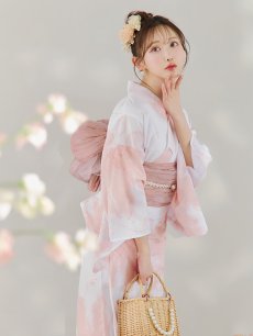 画像1: 【即日発送】ニュアンスピンクフラワー浴衣 【浴衣3点セット 浴衣/帯/下駄】 [YMT] (1)