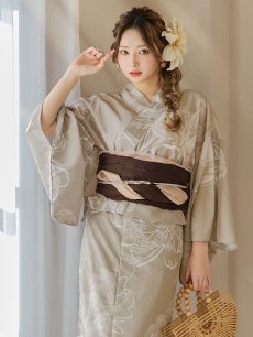 画像1: 【即日発送】ニュアンスフラワーベージュ浴衣 【浴衣3点セット 浴衣/帯/下駄】 [YMT] (1)