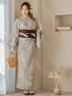 画像2: 【即日発送】ニュアンスフラワーベージュ浴衣 【浴衣3点セット 浴衣/帯/下駄】 [YMT] (2)