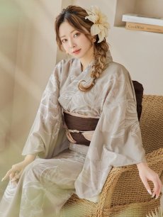画像3: 【即日発送】ニュアンスフラワーベージュ浴衣 【浴衣3点セット 浴衣/帯/下駄】 [YMT] (3)