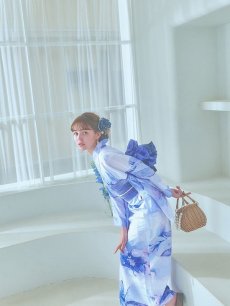 画像12: 【即日発送】水彩フラワーブルー浴衣 【浴衣3点セット 浴衣/帯/下駄】 [YMT] (12)