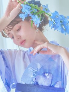 画像14: 【即日発送】水彩フラワーブルー浴衣 【浴衣3点セット 浴衣/帯/下駄】 [YMT] (14)