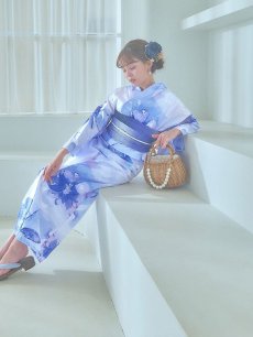 画像15: 【即日発送】水彩フラワーブルー浴衣 【浴衣3点セット 浴衣/帯/下駄】 [YMT] (15)