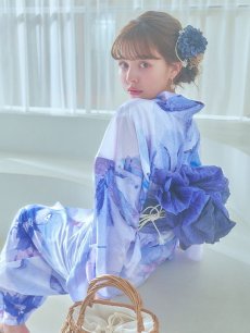 画像3: 【即日発送】水彩フラワーブルー浴衣 【浴衣3点セット 浴衣/帯/下駄】 [YMT] (3)