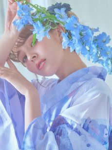 画像6: 【即日発送】水彩フラワーブルー浴衣 【浴衣3点セット 浴衣/帯/下駄】 [YMT] (6)