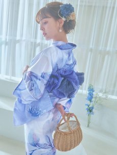 画像7: 【即日発送】水彩フラワーブルー浴衣 【浴衣3点セット 浴衣/帯/下駄】 [YMT] (7)