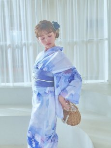 画像8: 【即日発送】水彩フラワーブルー浴衣 【浴衣3点セット 浴衣/帯/下駄】 [YMT] (8)