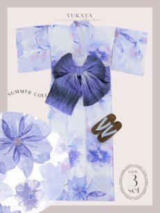 画像29: 【即日発送】水彩フラワーブルー浴衣 【浴衣3点セット 浴衣/帯/下駄】 [YMT] (29)