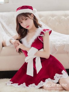 画像2: 【即日発送】【sugar nine サンタコス 5点セット】【S-XLサイズ/2カラー】フレアスリーブ刺繍レースフレアサンタ[OF04] (2)