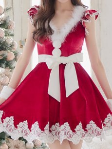 画像13: 【即日発送】【sugar nine サンタコス 5点セット】【S-XLサイズ/2カラー】フレアスリーブ刺繍レースフレアサンタ[OF04] (13)