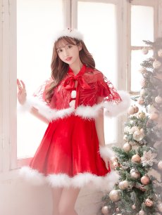 画像35: 【即日発送】【サンタコス 5点セット】【S-XLサイズ/3カラー】ポンチョ付きフレアサンタコスプレ[OF04] (35)