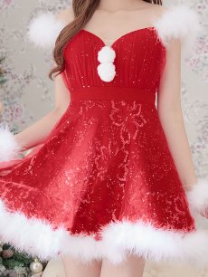 画像4: 値下げ！【即日発送】ファーショルダー/ スパンコールチュール/ 刺繍レースフレアサンタ【sugar nine サンタコス 4点セット】【S-XLサイズ/2カラー】[OF04] (4)