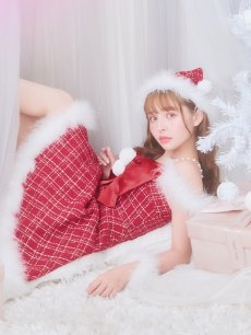 画像1: 【即日発送！】【サンタコス 5点セット】【S-XLサイズ/1カラー】リボンキャミソールフレアツイードサンタコスプレ[OF04] (1)