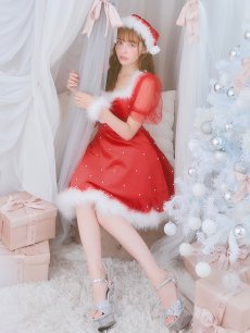 画像2: SALE!【即日発送】【サンタコス 4点セット】【S-Lサイズ/1カラー】ベロアパールフレアスカートサンタコスプレ[OF04] (2)