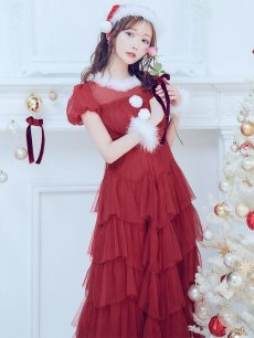 画像15: 【即日発送！】【サンタコス 3点セット】【S-Lサイズ/1カラー】シースルーフリルチュールサンタコスプレ[OF04] (15)