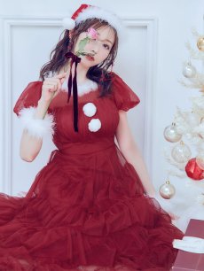 【予約商品/12月上旬発送予定】【サンタコス 3点セット】【S-Lサイズ/1カラー】シースルーフリルチュールサンタコスプレ[HC03]　レッド