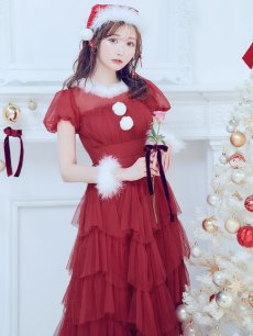 画像3: 【即日発送！】【サンタコス 3点セット】【S-Lサイズ/1カラー】シースルーフリルチュールサンタコスプレ[OF04] (3)