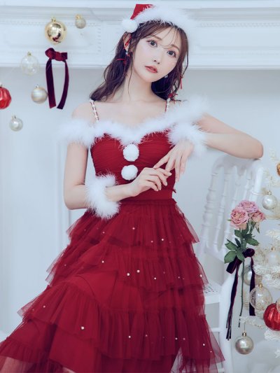 オフショルフリルチュールサンタコスプレ