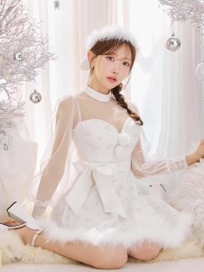 画像1: 【即日発送！】【サンタコス 4点セット】【XS-XLサイズ/2カラー】チュールロングスリーブハイネックサンタ[OF04] (1)