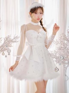 画像2: 【即日発送！】【サンタコス 4点セット】【XS-XLサイズ/2カラー】チュールロングスリーブハイネックサンタ[OF04] (2)