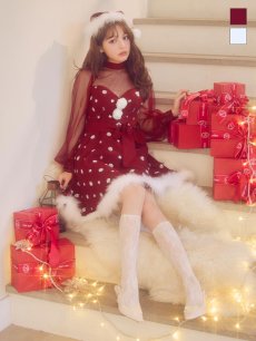 画像2: 【即日発送！】【サンタコス 4点セット】【XS-XLサイズ/2カラー】チュールロングスリーブハイネックサンタ[OF04] (2)