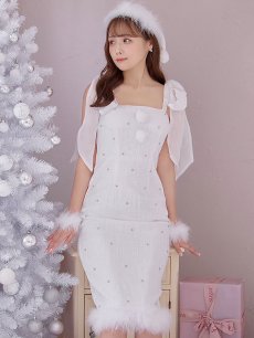 画像1: 【即日発送！】【サンタコス 4点セット】【S-Lサイズ/2カラー】リボンショルダーツイードビジューミディアムサンタコスプレ[OF04] (1)