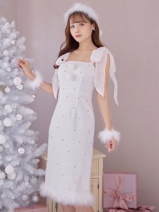 画像2: 【即日発送！】【サンタコス 4点セット】【S-Lサイズ/2カラー】リボンショルダーツイードビジューミディアムサンタコスプレ[OF04] (2)