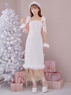 画像4: 【即日発送！】【サンタコス 4点セット】【S-Lサイズ/2カラー】リボンショルダーツイードビジューミディアムサンタコスプレ[OF04] (4)