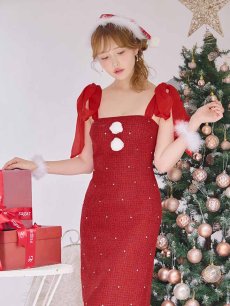 画像25: 【即日発送！】【サンタコス 4点セット】【S-Lサイズ/2カラー】リボンショルダーツイードビジューミディアムサンタコスプレ[OF04] (25)