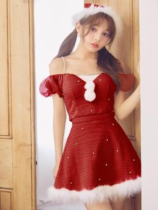 画像1: 【即日発送】【送料無料！】【サンタ】パフスリーブセットアップサンタコスプレ【コスプレ5点セット】【XS-Mサイズ/2カラー】[OF04] (1)