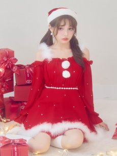 画像18: 【即日発送】【サンタ】袖付きシフォンワンピースビジューサンタコスプレ【コスプレ3点セット】【S-Mサイズ/2カラー】[OF04] (18)