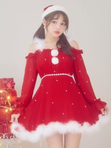 画像1: 【即日発送】【サンタ】袖付きシフォンワンピースビジューサンタコスプレ【コスプレ3点セット】【S-Mサイズ/2カラー】[OF04] (1)