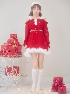 画像20: 【即日発送】【サンタ】袖付きシフォンワンピースビジューサンタコスプレ【コスプレ3点セット】【S-Mサイズ/2カラー】[OF04] (20)