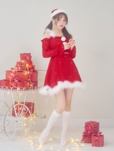 画像10: 【即日発送】【サンタ】袖付きシフォンワンピースビジューサンタコスプレ【コスプレ3点セット】【S-Mサイズ/2カラー】[OF04] (10)