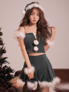 画像2: 【即日発送】【サンタ】ファーショルダーシースルーフレアサンタコスプレ【コスプレ5点セット】【XS-XLサイズ/2カラー】[OF04] (2)