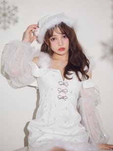 画像2: 【即日発送】【送料無料！】【サンタ】オフショルチュール袖リボンサンタコスプレ【コスプレ2点セット】【XS-Lサイズ/1カラー】[OF01] (2)