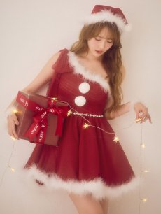 画像7: 【即日発送】【サンタ】ワンショルリボンドットチュールサンタコスプレ【コスプレ4点セット】【XS-Lサイズ/2カラー】[OF01] (7)