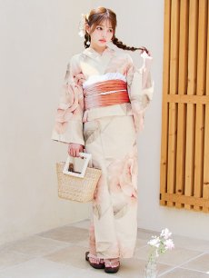 画像3: 【即日発送】ピンクベージュ牡丹浴衣【浴衣３点セット 浴衣/帯/下駄】 [YMT] (3)