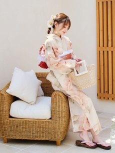 画像5: 【即日発送】ピンクベージュ牡丹浴衣【浴衣３点セット 浴衣/帯/下駄】 [YMT] (5)