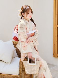 画像6: 【即日発送】ピンクベージュ牡丹浴衣【浴衣３点セット 浴衣/帯/下駄】 [YMT] (6)