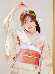 画像7: 【即日発送】ピンクベージュ牡丹浴衣【浴衣３点セット 浴衣/帯/下駄】 [YMT] (7)