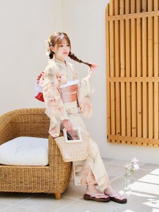 画像8: 【即日発送】ピンクベージュ牡丹浴衣【浴衣３点セット 浴衣/帯/下駄】 [YMT] (8)