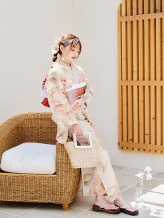 画像10: 【即日発送】ピンクベージュ牡丹浴衣【浴衣３点セット 浴衣/帯/下駄】 [YMT] (10)