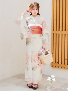 画像13: 【即日発送】ピンクベージュ牡丹浴衣【浴衣３点セット 浴衣/帯/下駄】 [YMT] (13)